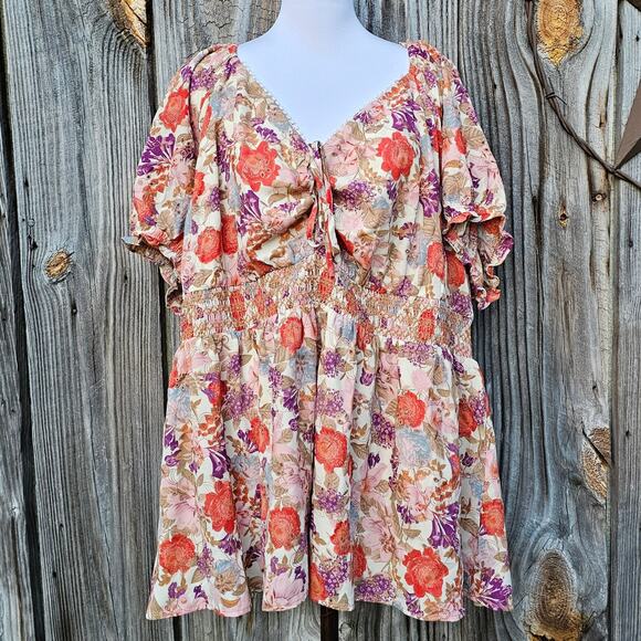 Puff Sleeve Babydoll Top Torrid Plus Size 4X Floral Print Eyelet Smocked Corset - Picture 1 of 9